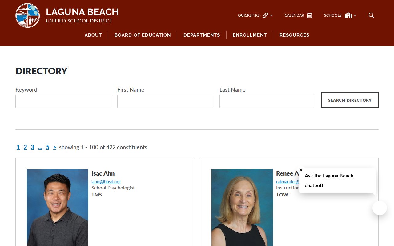 Laguna Beach directory search for LBUSD school staff